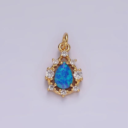 14K Gold Filled White, Blue Opal Teardrop CZ Dotted Outline Charm | AC817 AC818