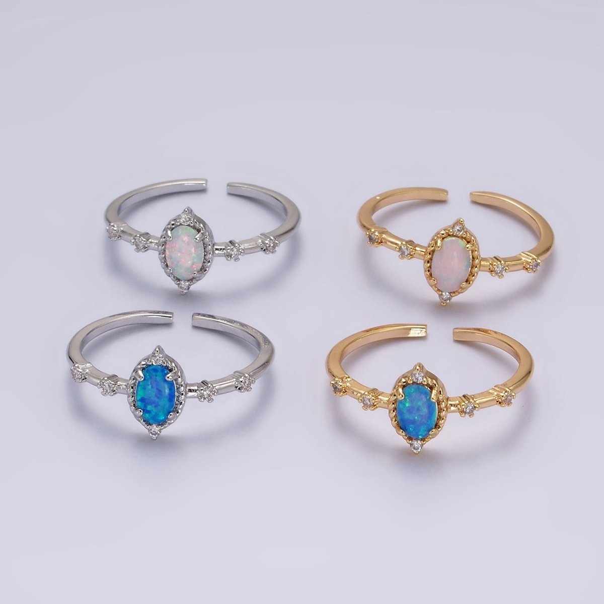 14K Gold Filled White, Blue Oval Opal CZ Ring in Silver &amp; Gold | O1090 - O1093