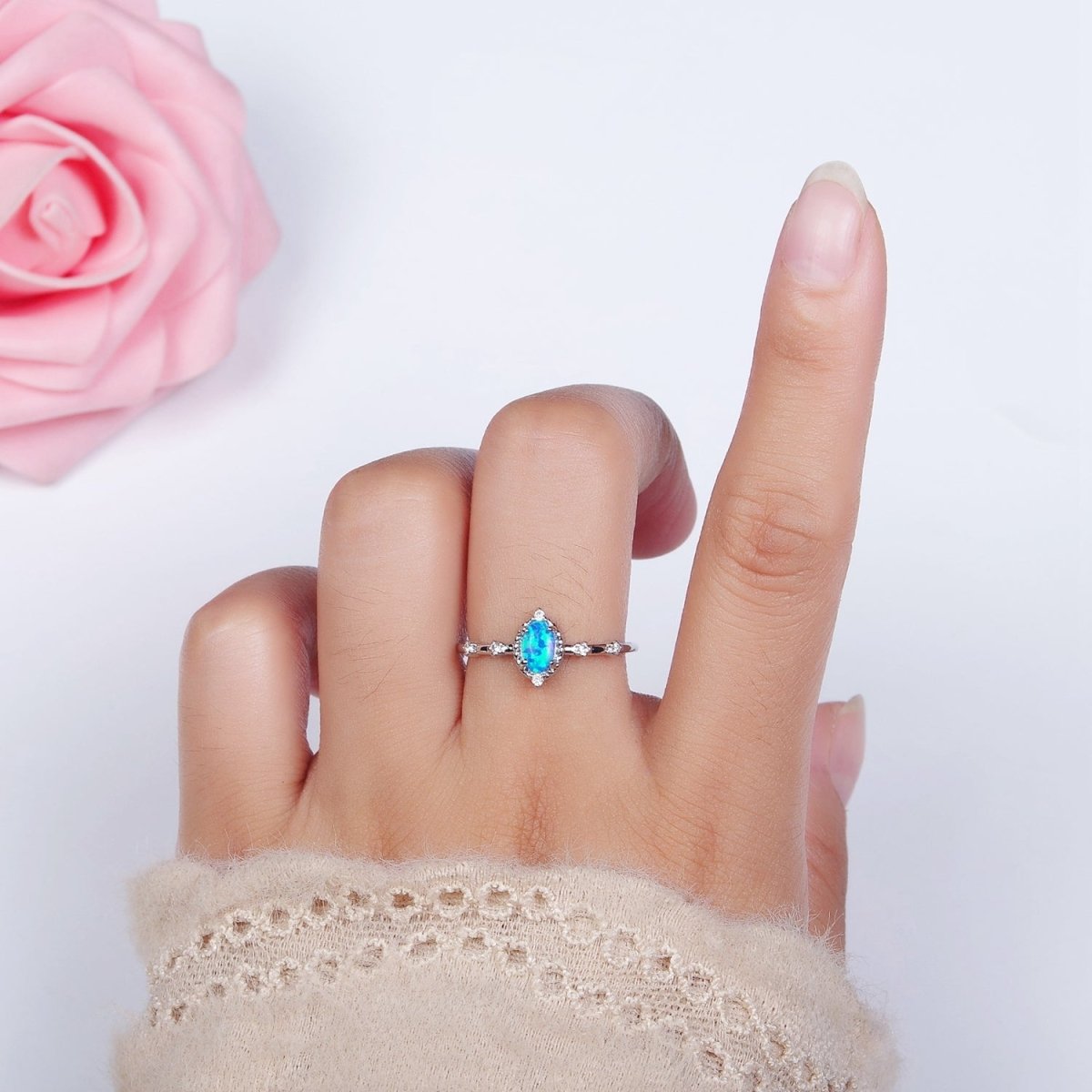 14K Gold Filled White, Blue Oval Opal CZ Ring in Silver &amp; Gold | O1090 - O1093