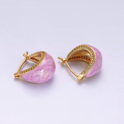 14K Gold Filled White, Blue, Purple, Pink, Green Enamel Micro Paved CZ Dome Latch Hoop Earrings | V-229 - V-232