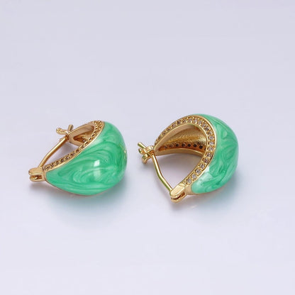 14K Gold Filled White, Blue, Purple, Pink, Green Enamel Micro Paved CZ Dome Latch Hoop Earrings | V-229 - V-232