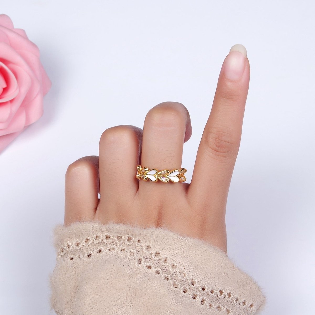 14K Gold Filled White Enamel Baguette Heart Lined Ring | O1172