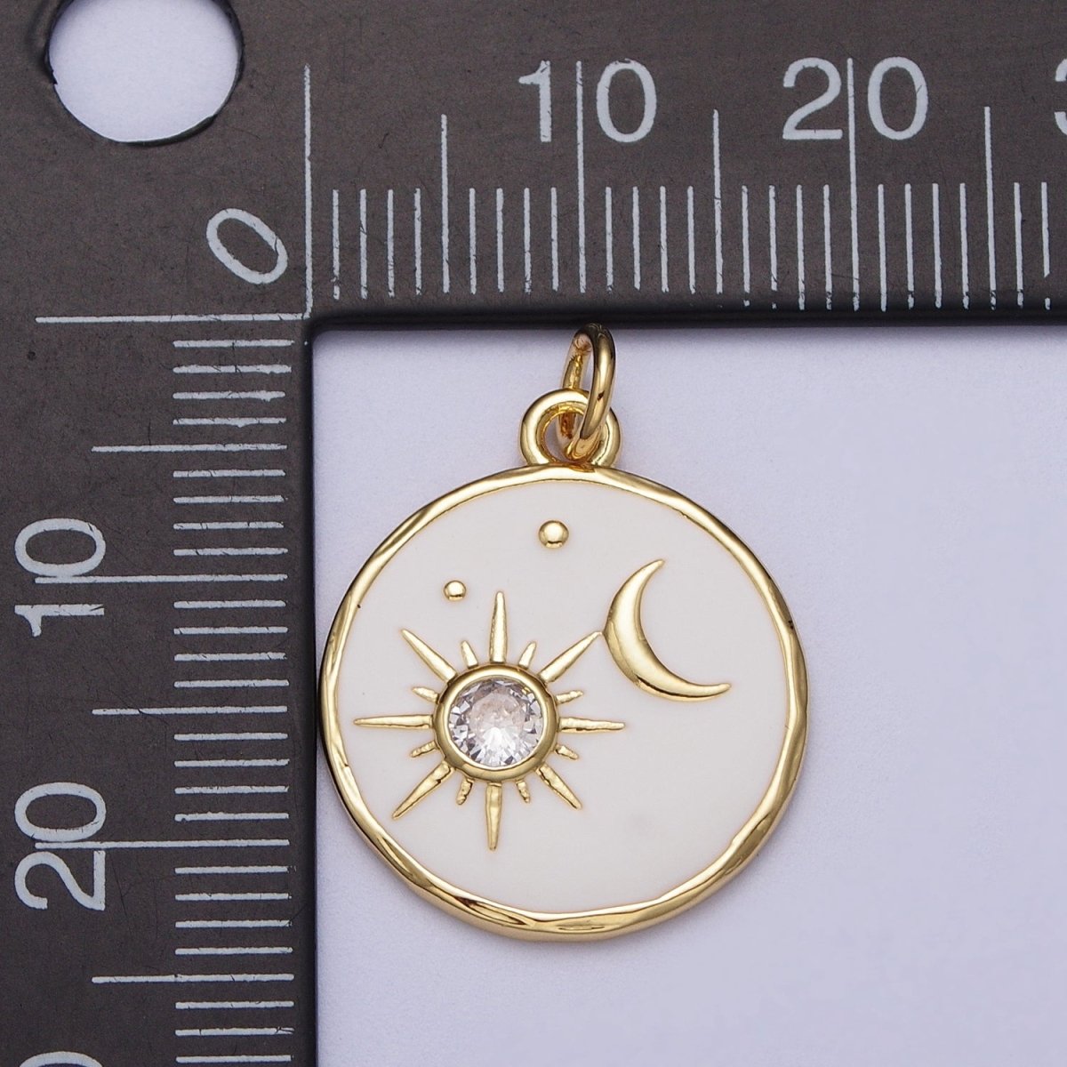 14K Gold Filled White Enamel Celestial Sun Crescent Moon Round Coin Charm E-651