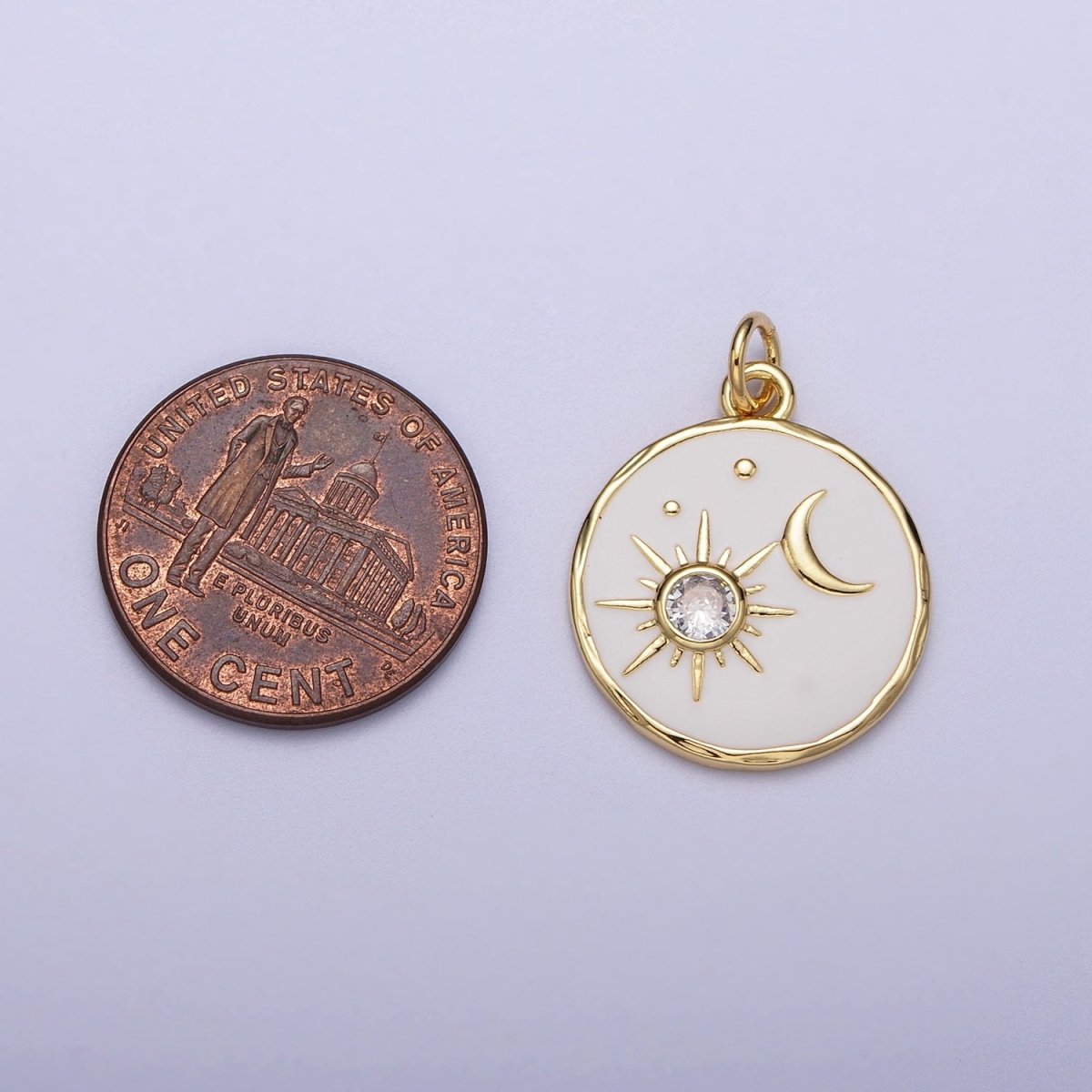 14K Gold Filled White Enamel Celestial Sun Crescent Moon Round Coin Charm E-651