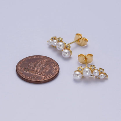 14K Gold Filled White Pearl CZ Curved Lined Stud Earrings | AD-116