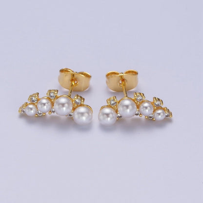 14K Gold Filled White Pearl CZ Curved Lined Stud Earrings | AD-116