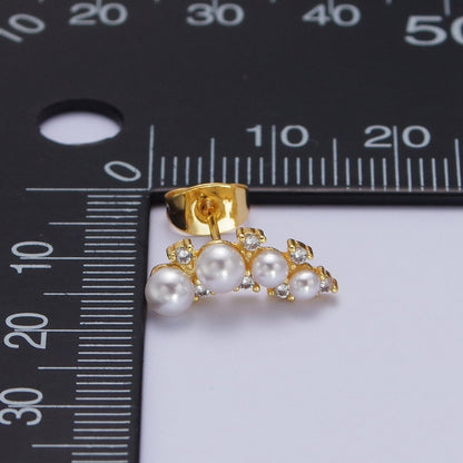 14K Gold Filled White Pearl CZ Curved Lined Stud Earrings | AD-116
