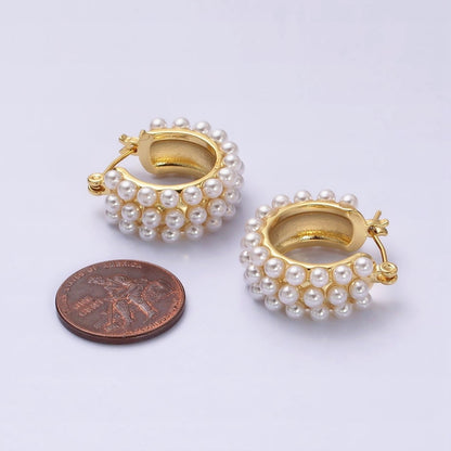 14K Gold Filled White Pearl Dotted Latch Hoop Earrings in Silver &amp; Gold | AD-376 AD-457