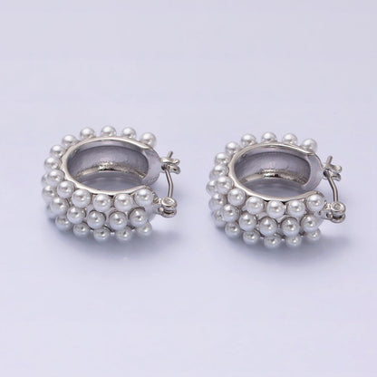 14K Gold Filled White Pearl Dotted Latch Hoop Earrings in Silver &amp; Gold | AD-376 AD-457