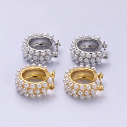 14K Gold Filled White Pearl Dotted Latch Hoop Earrings in Silver &amp; Gold | AD-376 AD-457