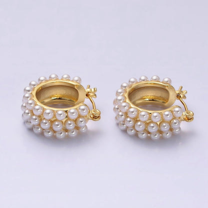 14K Gold Filled White Pearl Dotted Latch Hoop Earrings in Silver &amp; Gold | AD-376 AD-457