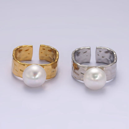 14K Gold Filled White Pearl Hammered Wide Band Ring in Gold &amp; Silver | O1096 O1097