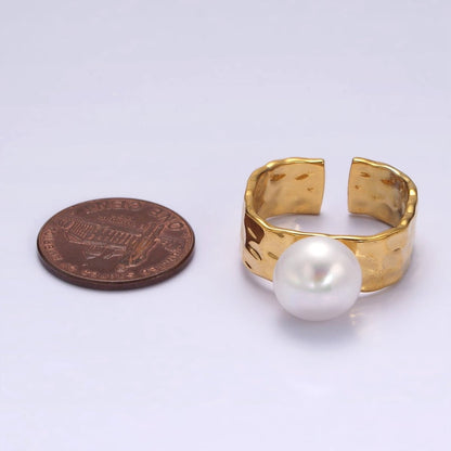 14K Gold Filled White Pearl Hammered Wide Band Ring in Gold &amp; Silver | O1096 O1097