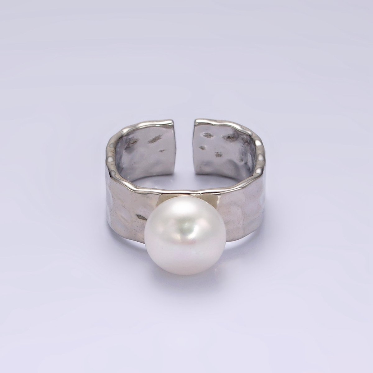 14K Gold Filled White Pearl Hammered Wide Band Ring in Gold &amp; Silver | O1096 O1097