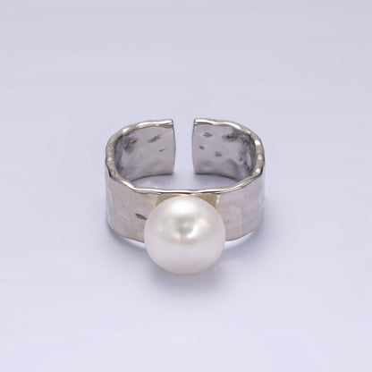 14K Gold Filled White Pearl Hammered Wide Band Ring in Gold &amp; Silver | O1096 O1097