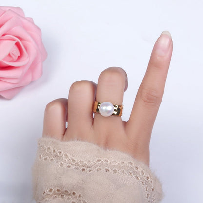 14K Gold Filled White Pearl Hammered Wide Band Ring in Gold &amp; Silver | O1096 O1097