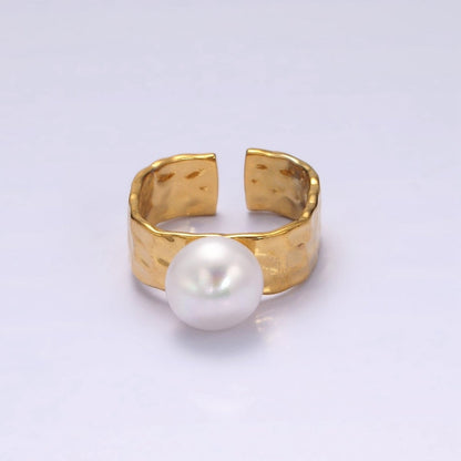 14K Gold Filled White Pearl Hammered Wide Band Ring in Gold &amp; Silver | O1096 O1097