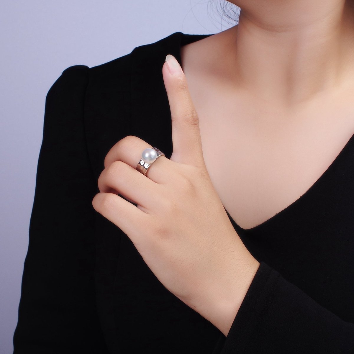 14K Gold Filled White Pearl Hammered Wide Band Ring in Gold &amp; Silver | O1096 O1097