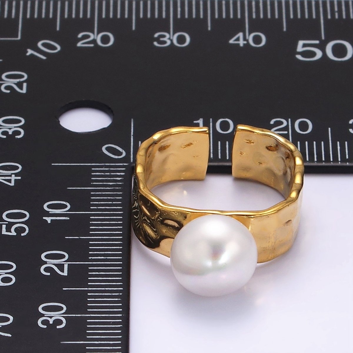 14K Gold Filled White Pearl Hammered Wide Band Ring in Gold &amp; Silver | O1096 O1097