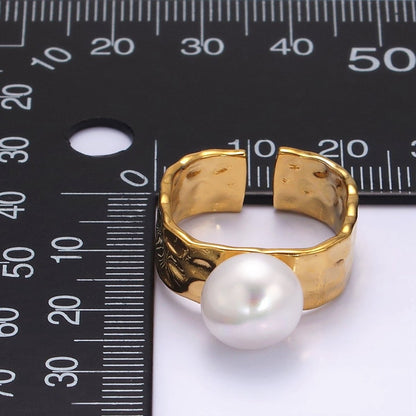 14K Gold Filled White Pearl Hammered Wide Band Ring in Gold &amp; Silver | O1096 O1097