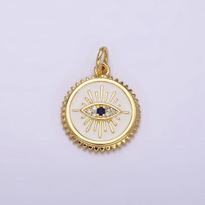 14K Gold Filled White, Pink Evil Eye Blue CZ Spiked Outline Round Charm | AG414 AG415