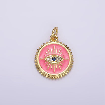 14K Gold Filled White, Pink Evil Eye Blue CZ Spiked Outline Round Charm | AG414 AG415