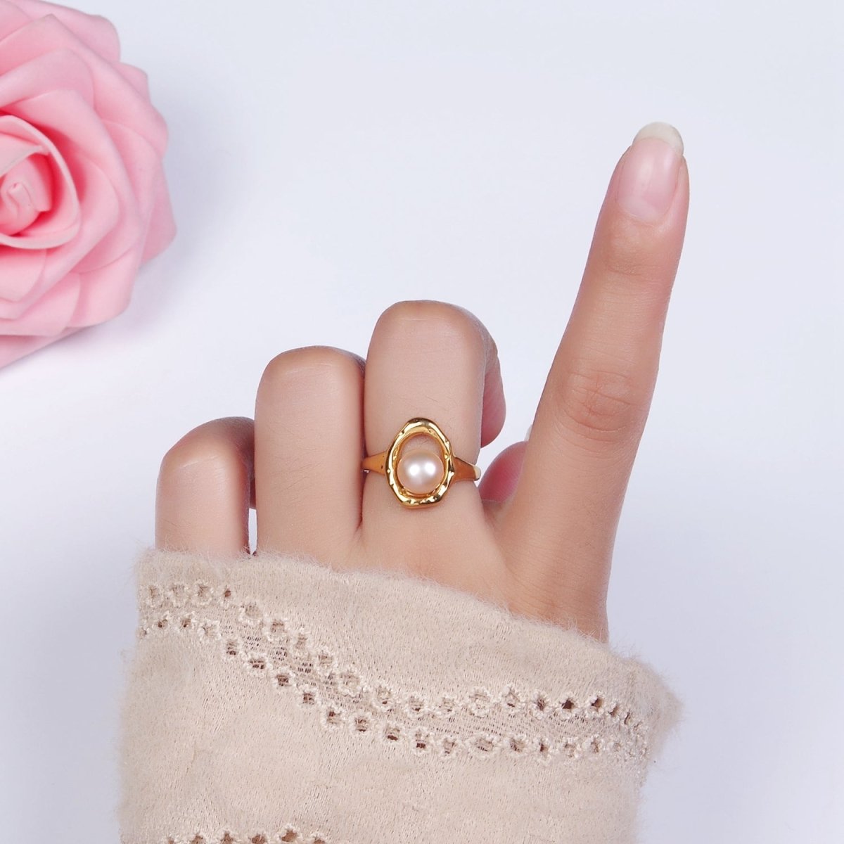 14K Gold Filled White, Pink Pearl Open Oblong Ring in Gold &amp; Silver | O1872 - O1875