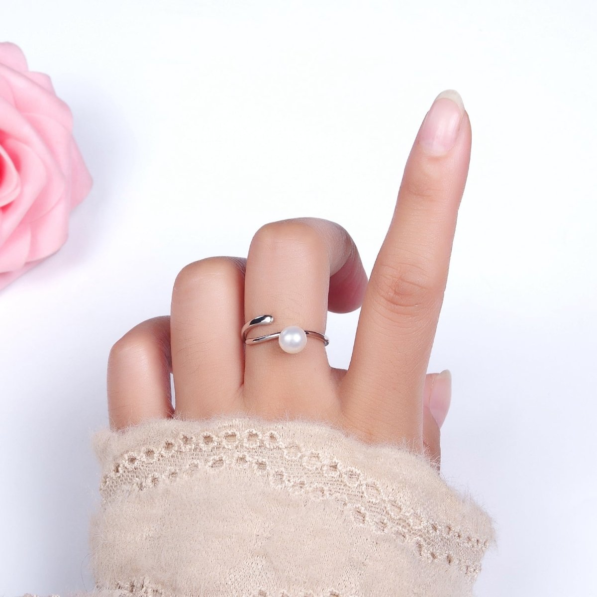 14K Gold Filled White, Pink Pearl Wrap Open Band Minimalist Ring in Silver &amp; Gold | O676 - O679