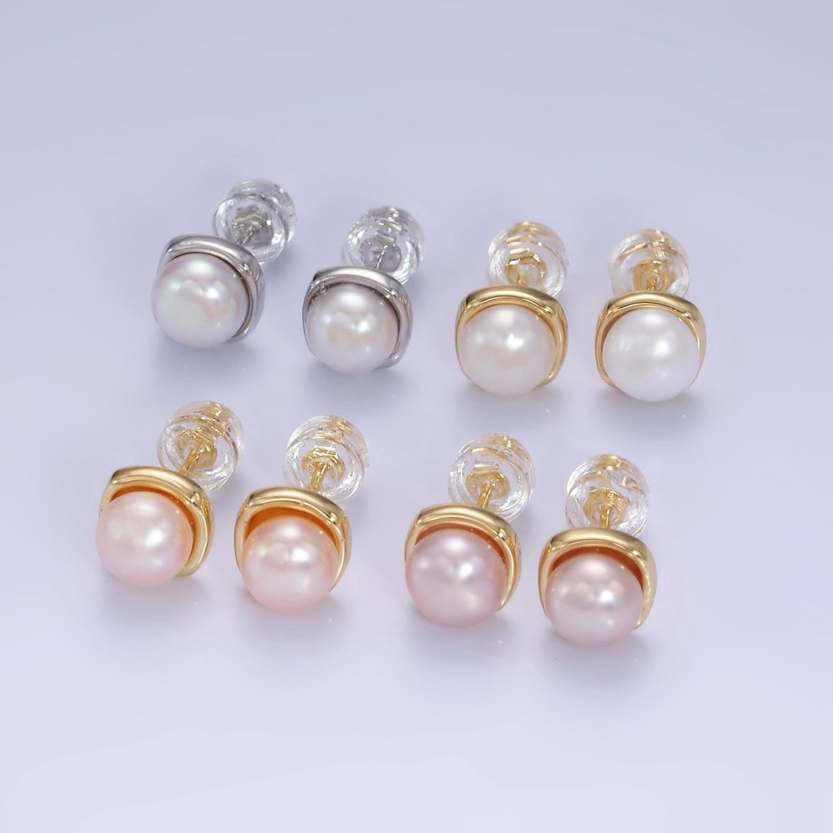 14K Gold Filled White, Pink, Purple Pearl Stud Earrings in Gold &amp; Silver | AB1248 - AB1251