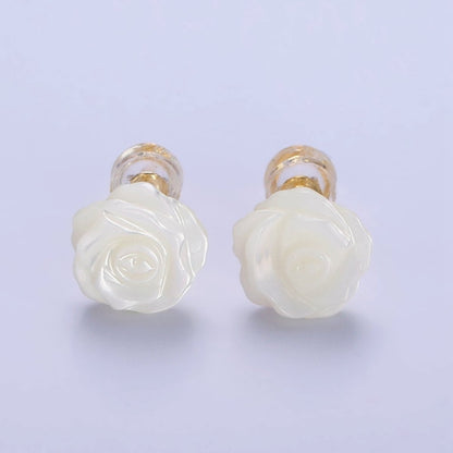 14K Gold Filled White Rose Flower Bud Shell Pearl Stud Earrings | AB1133