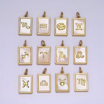 14K Gold Filled Zodiac Sign Shell Pearl Rectangular Tag Charm | A-A1247-A-A1258
