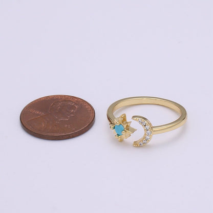 14K Gold Open Moon &amp; Star Ring, crescent moon ring, Adjustable Wrap Ring, love you to the moon ring, dainty moon ring O-283