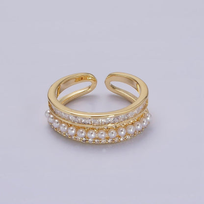 14K Gold Plated Pearl Clear Baguette Micro Paved CZ Double Band Ring | O1188