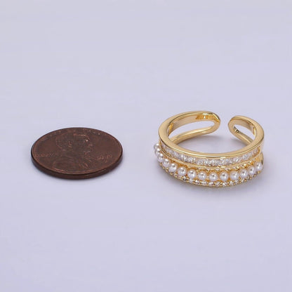 14K Gold Plated Pearl Clear Baguette Micro Paved CZ Double Band Ring | O1188