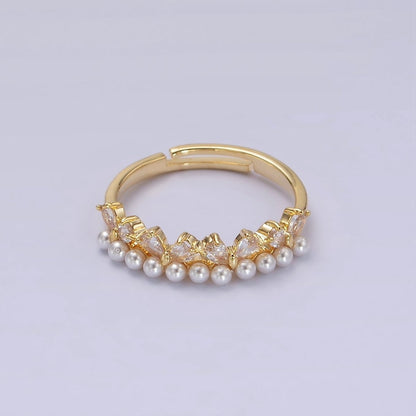 14K Gold Plated Pearl Clear CZ Teardrop Lined Adjustable Ring | O1190