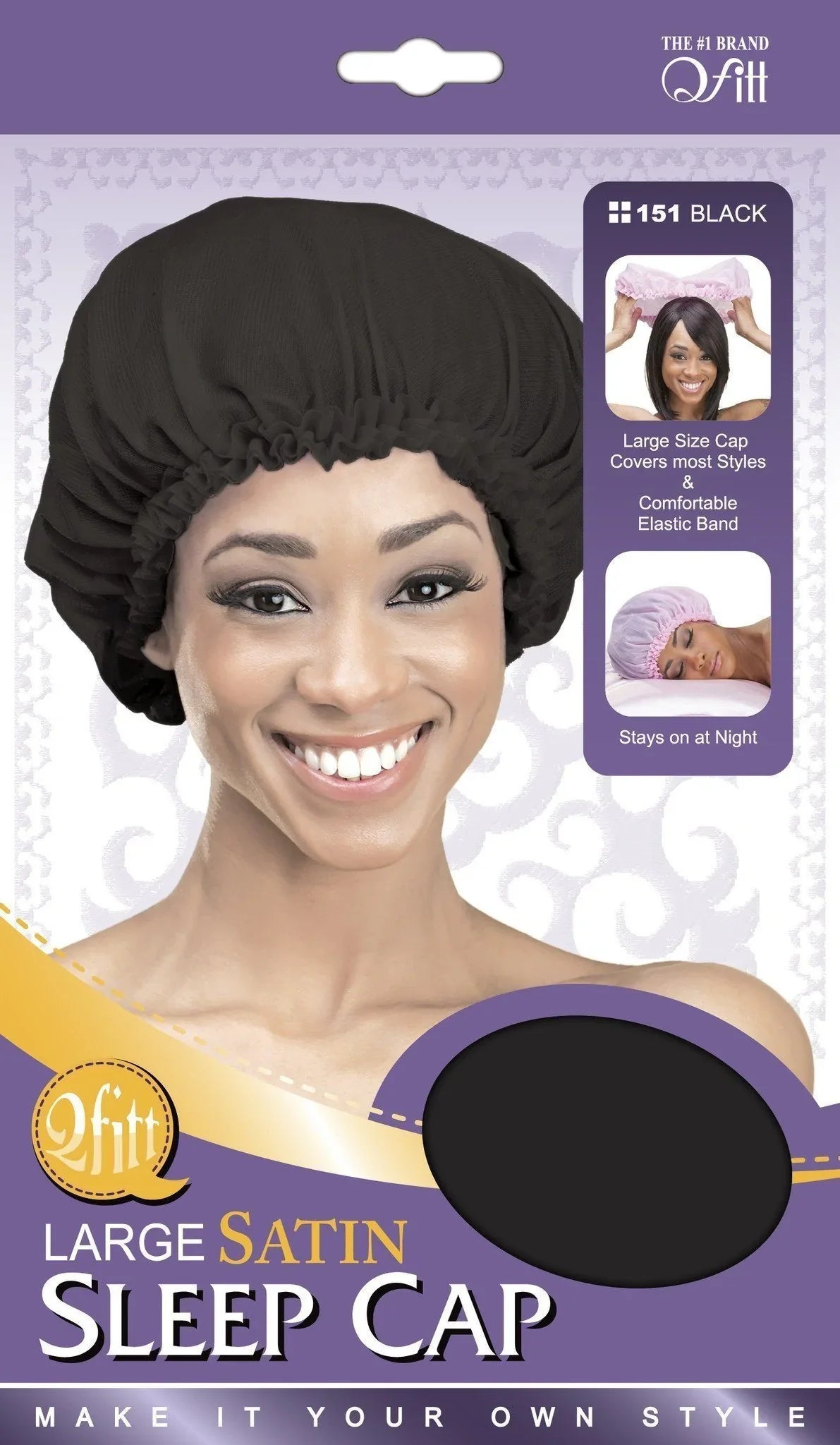 M &amp; M Large Satin Sleep Cap Hair Bonnet, Black