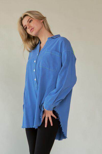 Davi &amp; Dani Letter Back Raw Hem Half Button Shirt Chic