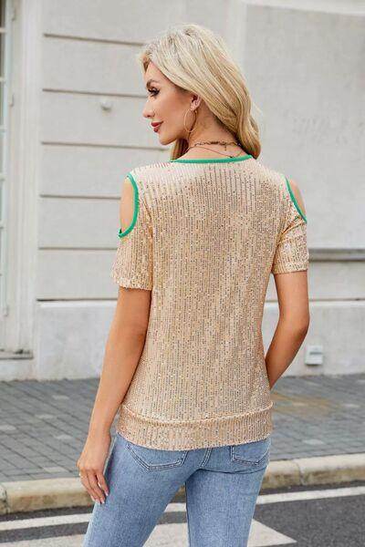 Sequin Crisscross V-Neck Cold Shoulder Blouse for Women