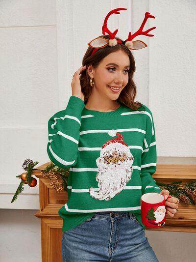 Sequin Santa Striped Round Neck Long Sleeve Sweater for Women