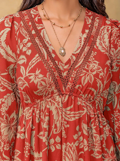 Boho Floral Print Long Sleeve Midi Dress