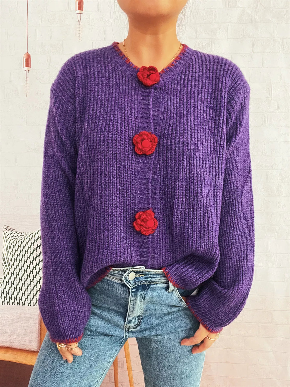 Flower Button Long Sleeve Cardigan