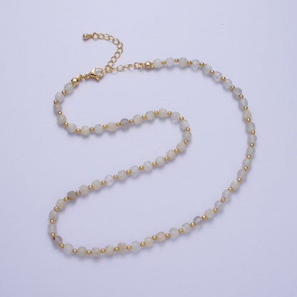 15.5 Inch Natural Grey-White Moonstone Multi Faceted Cube Gemstone w. Gold Bead Choker Necklace | WA-1424 Clearance Pricing