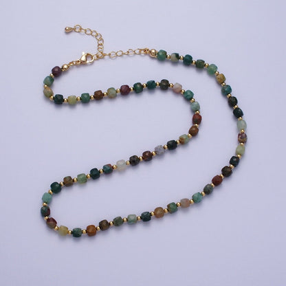 15.5 Inch Natural Moss Agate Multifaceted Cube Gemstone w. Gold Bead Choker Necklace | WA-1423 Clearance Pricing