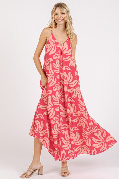 New Summer Printed V-Neck Maxi Cami Dress with Pockets – Chic and Functional Flattering Dress with Ruched Details