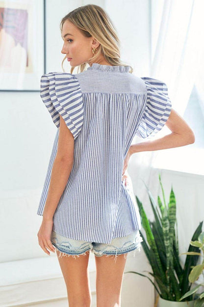 First Love Full Size Striped Flutter Sleeve Blouse for Women