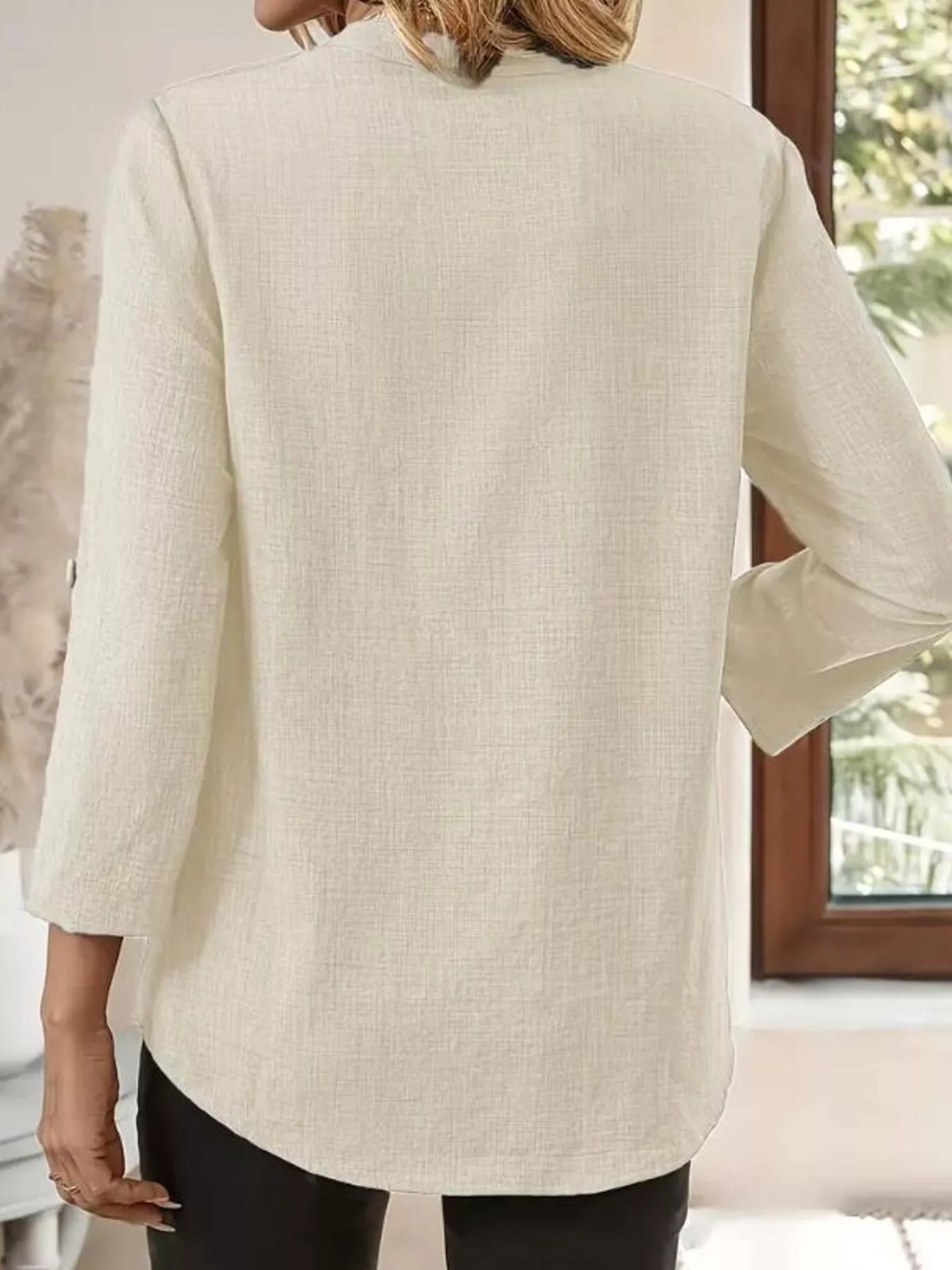 Roll-Up Sleeve Notched Blouse