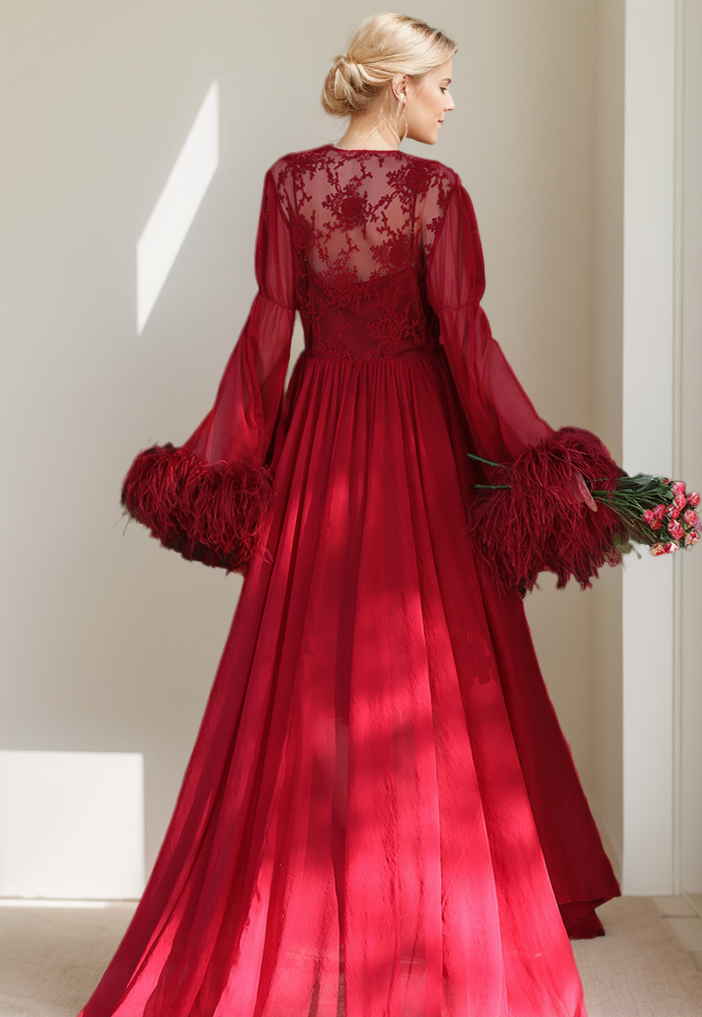 Ethereal Lace &amp; Feather-Trimmed Sheer Bridal Robe – Vintage Luxury Loungewear