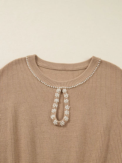 Pearl Embellished Keyhole Ribbed Sweater Dress