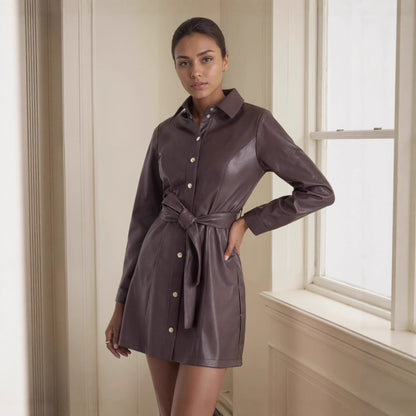 Belted Long-sleeve Leather Trench Fashionable Women&
