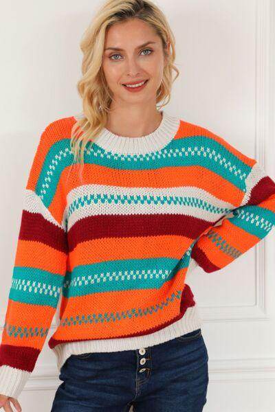 Contrast Striped Round Neck Long Sleeve Sweater for Women